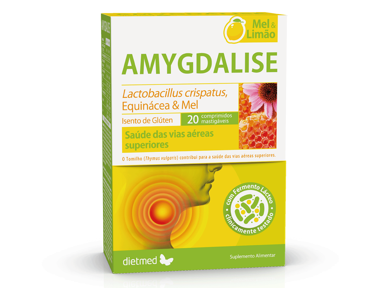 Embalagem de AMYGDALISE MEL E LIMÃO 20 comprimidos mastigáveis