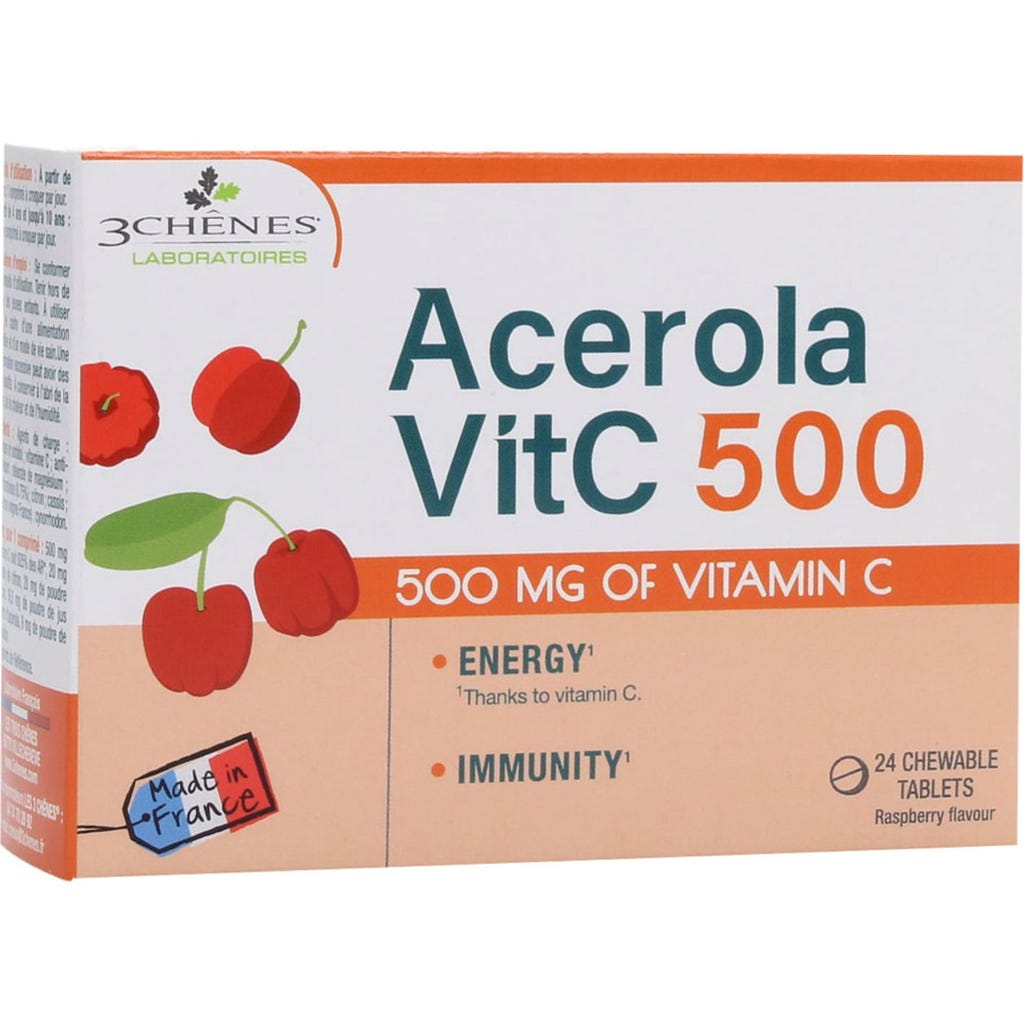 Embalagem de Acerola 500 mg — 24 Comprimidos Mastigáveis