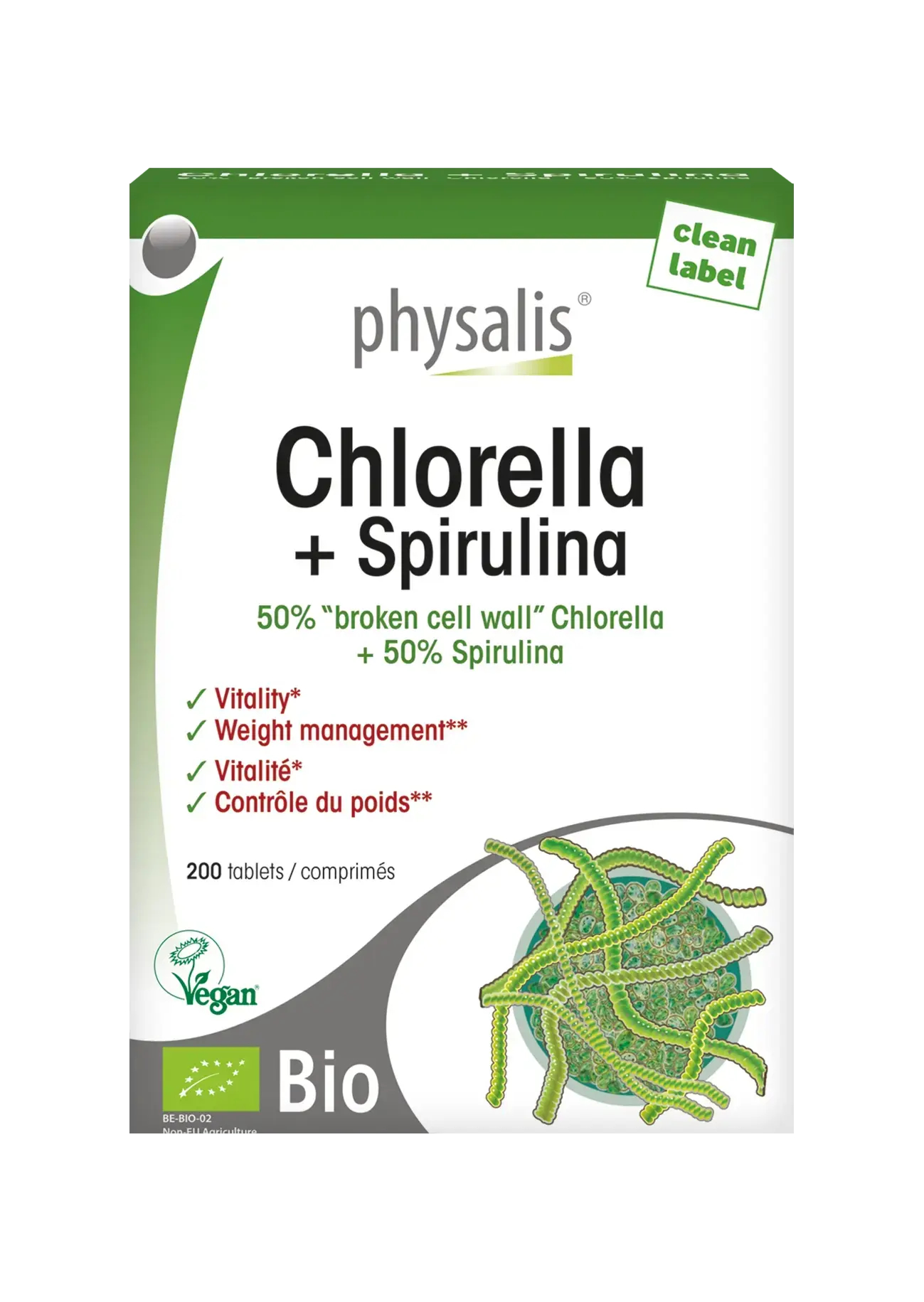 Embalagem de Chlorella + Spirulina BIO — 200 Comprimidos